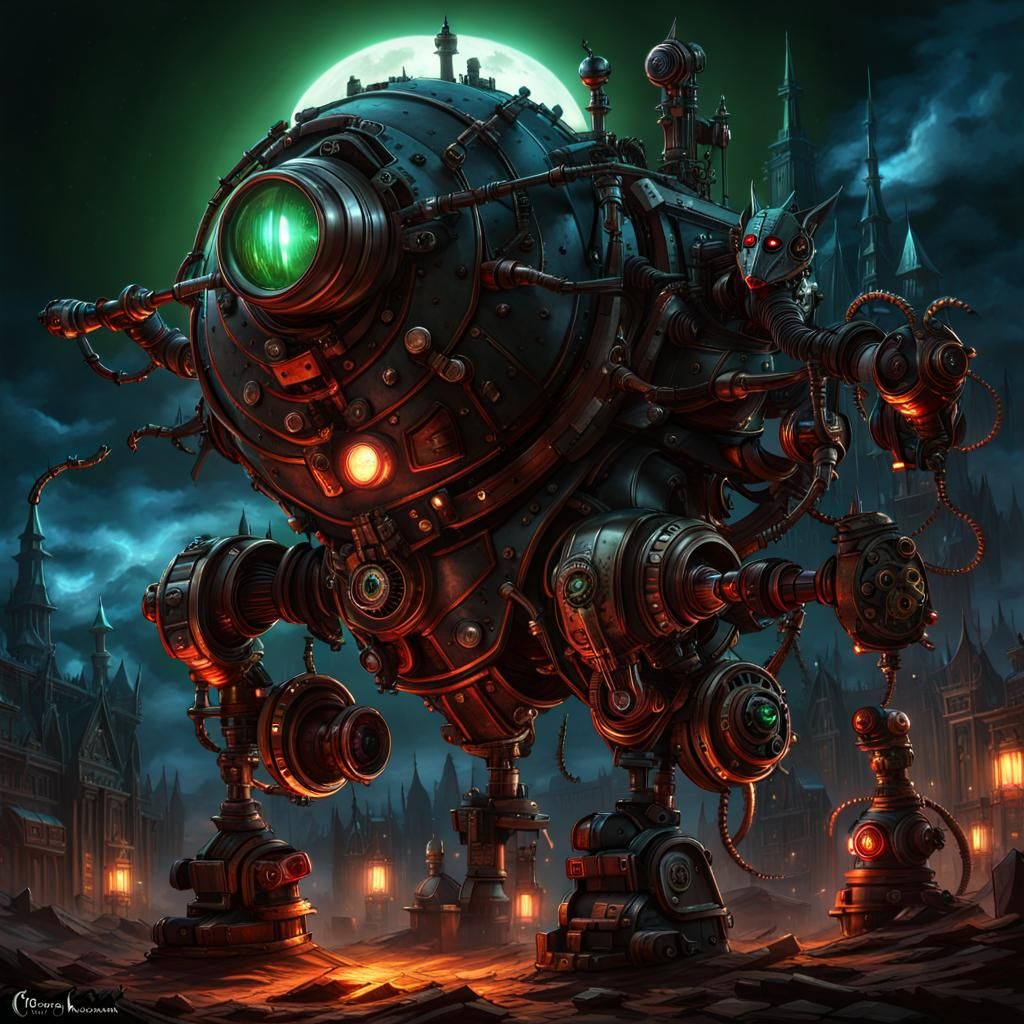 Steampunk Robot Attacks Lightning Mage Under Blood Moon