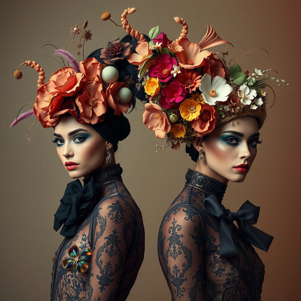 Elegant Models Wearing Ornate Hats with Metallic Accents