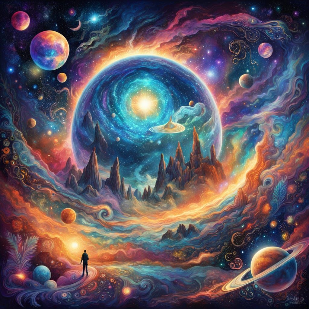 Cosmic Dance in Vibrant, Iridescent Hues