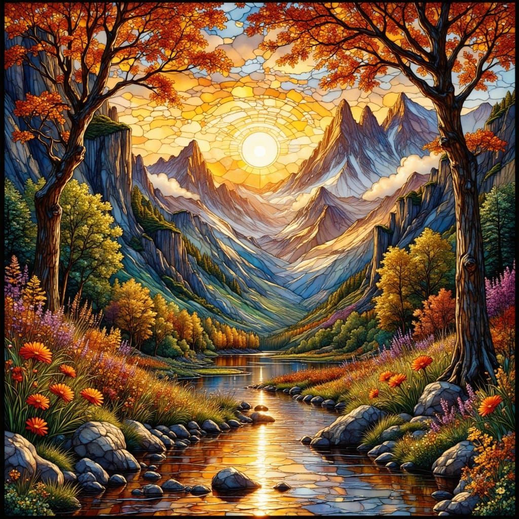 Art Nouveau Stained Glass Valley at Sunset