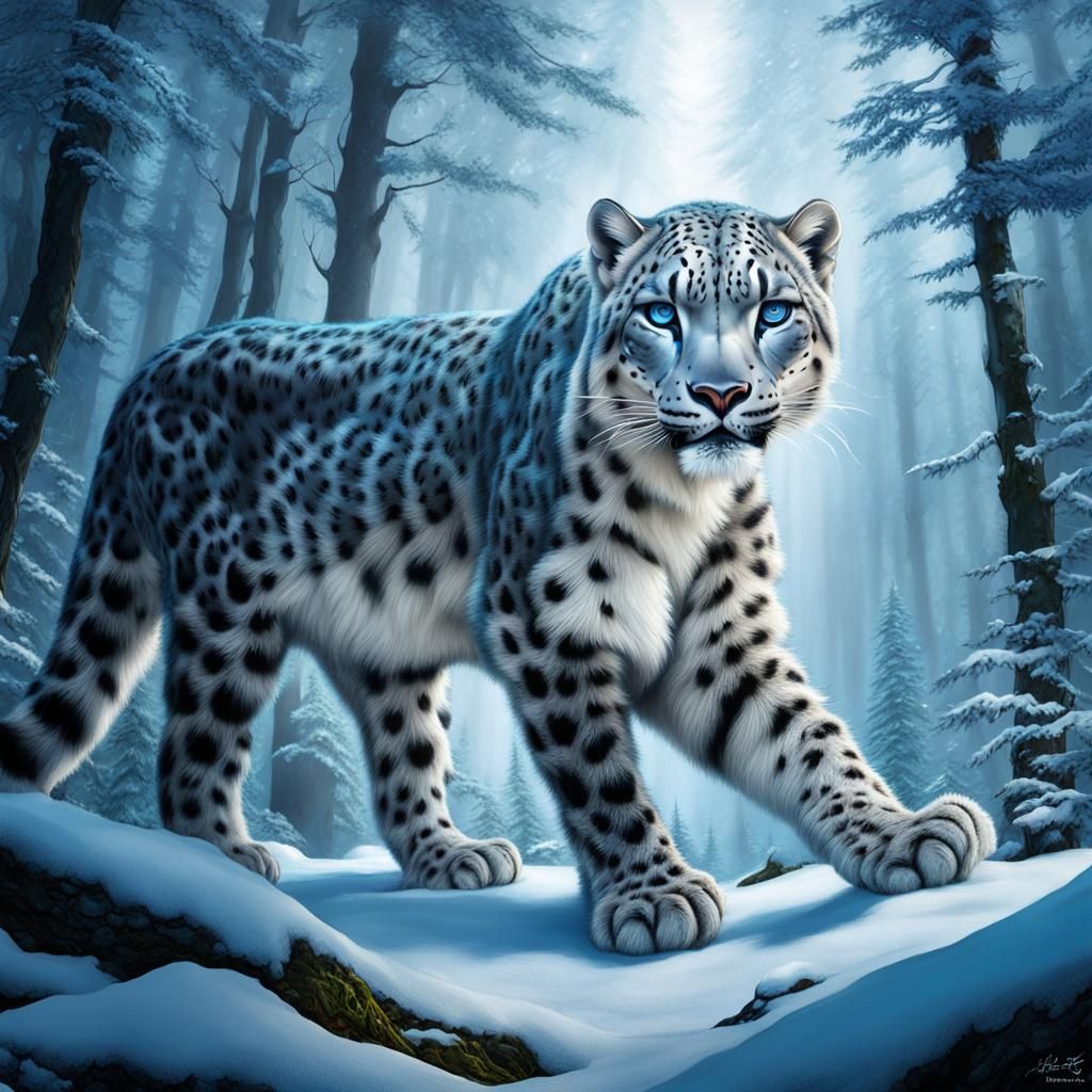 Mystical Snow Leopard with Holographic Eyes