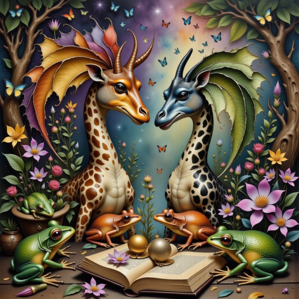 Surreal Frogs and Giraffes Kissing in Dreamlike Sky