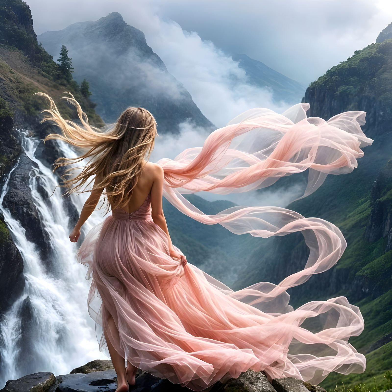 Woman on Mountaintop in Romantic Style