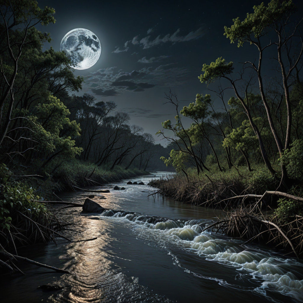 Moonlit River Scene in Hyperrealistic Style