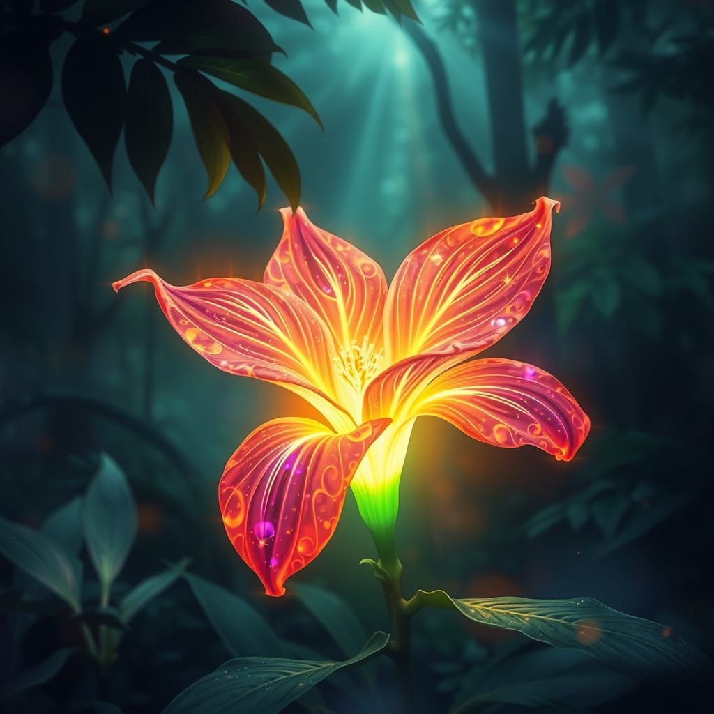 Bioluminescent Jungle Flower Glows in Foggy Forest