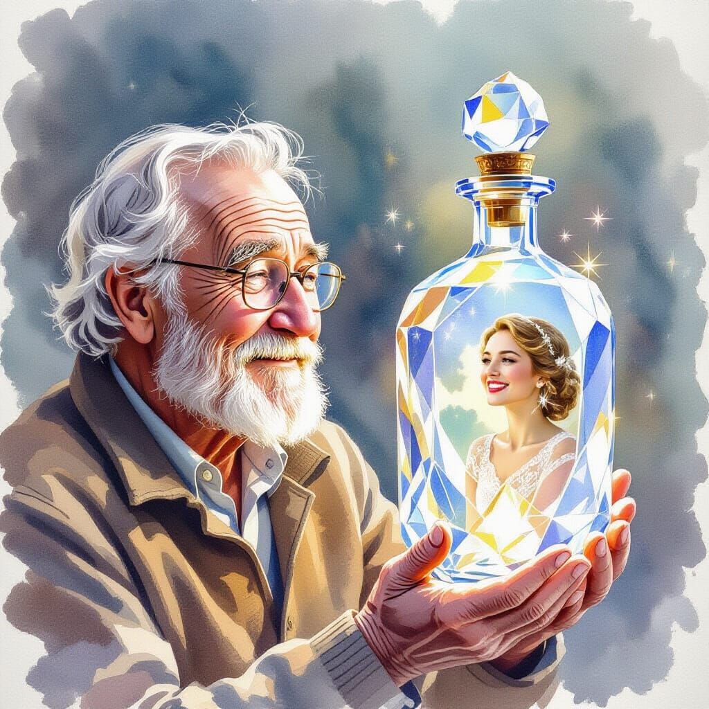 Nostalgic Old Man Views Crystal Vial With Younger Self and W...