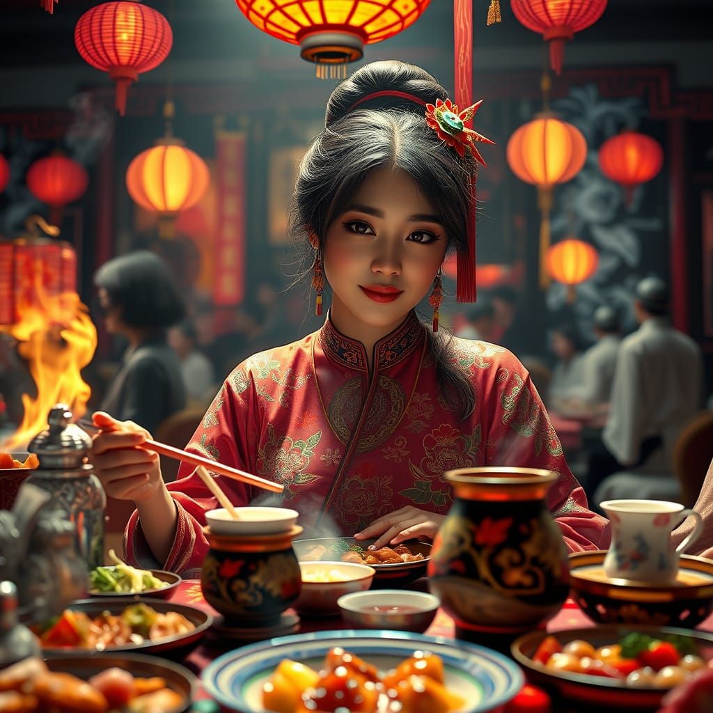 Elegant Chinese Dinner Scene in Art Nouveau Style