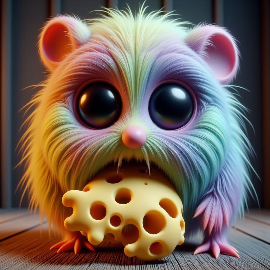 Vibrant Rainbow Mouse Devours Golden Cheese