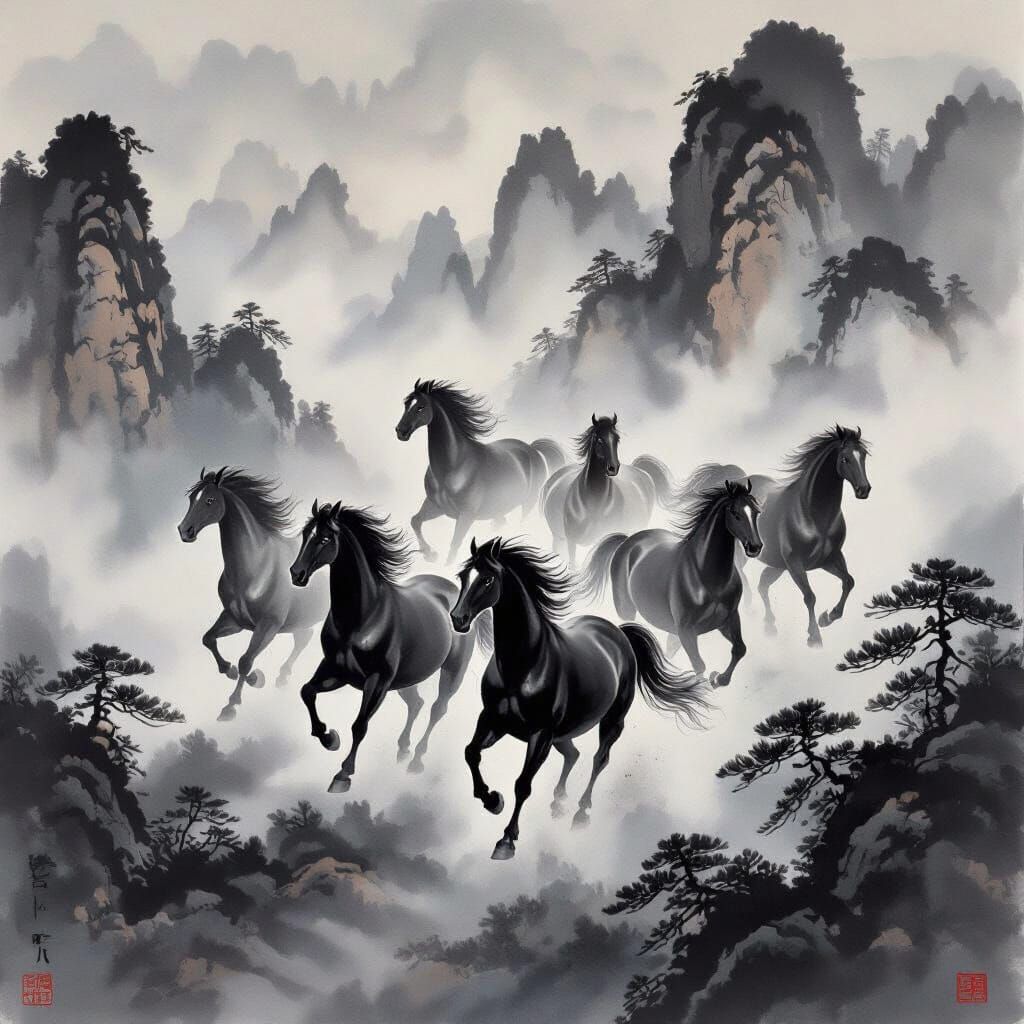 Chinese Ink Painting of Seven Horses Galloping in Misty Moun...