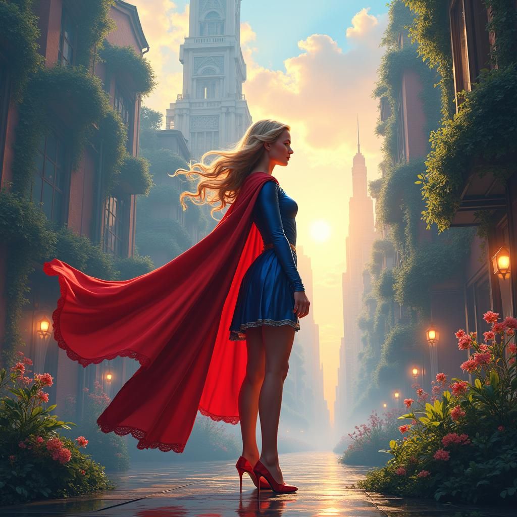 Supergirl in Dreamlike Cityscape, Fantasy Concept Art