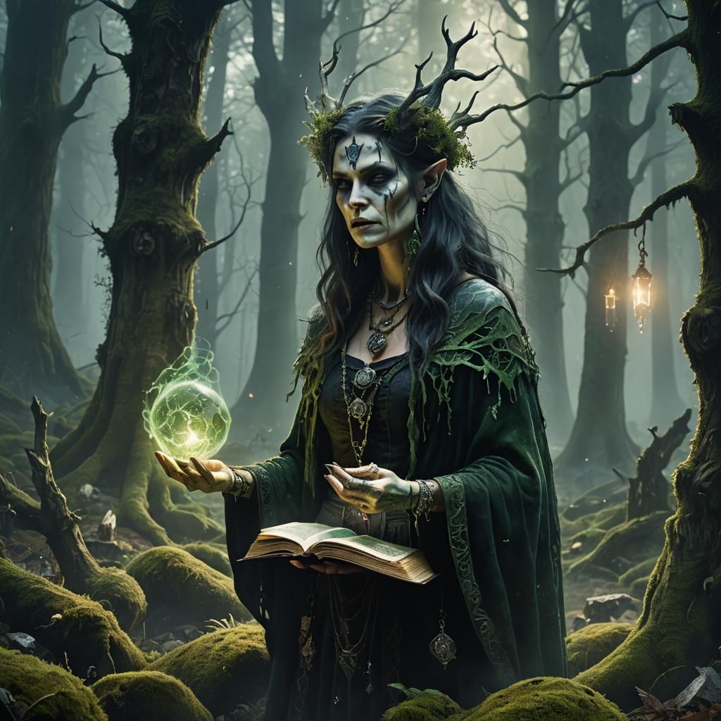 Forest Witch in Misty Clearing: Dark Fantasy Art