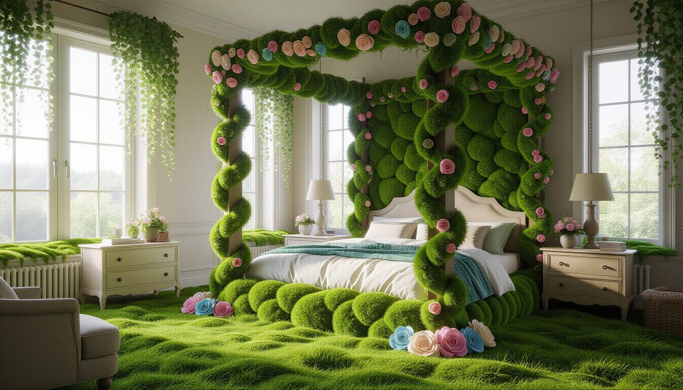 Surreal Moss-Covered Bedroom Sanctuary in Natural Light