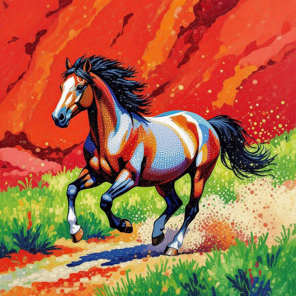 Wild Horse Running in Pointillist Style