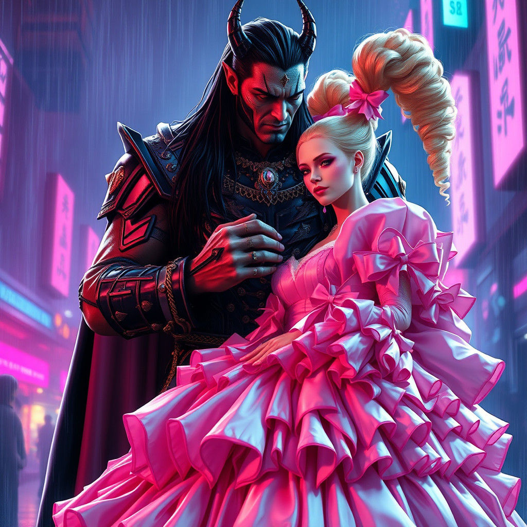 Demon King Buttons Bride's Dress in Cyberpunk Setting