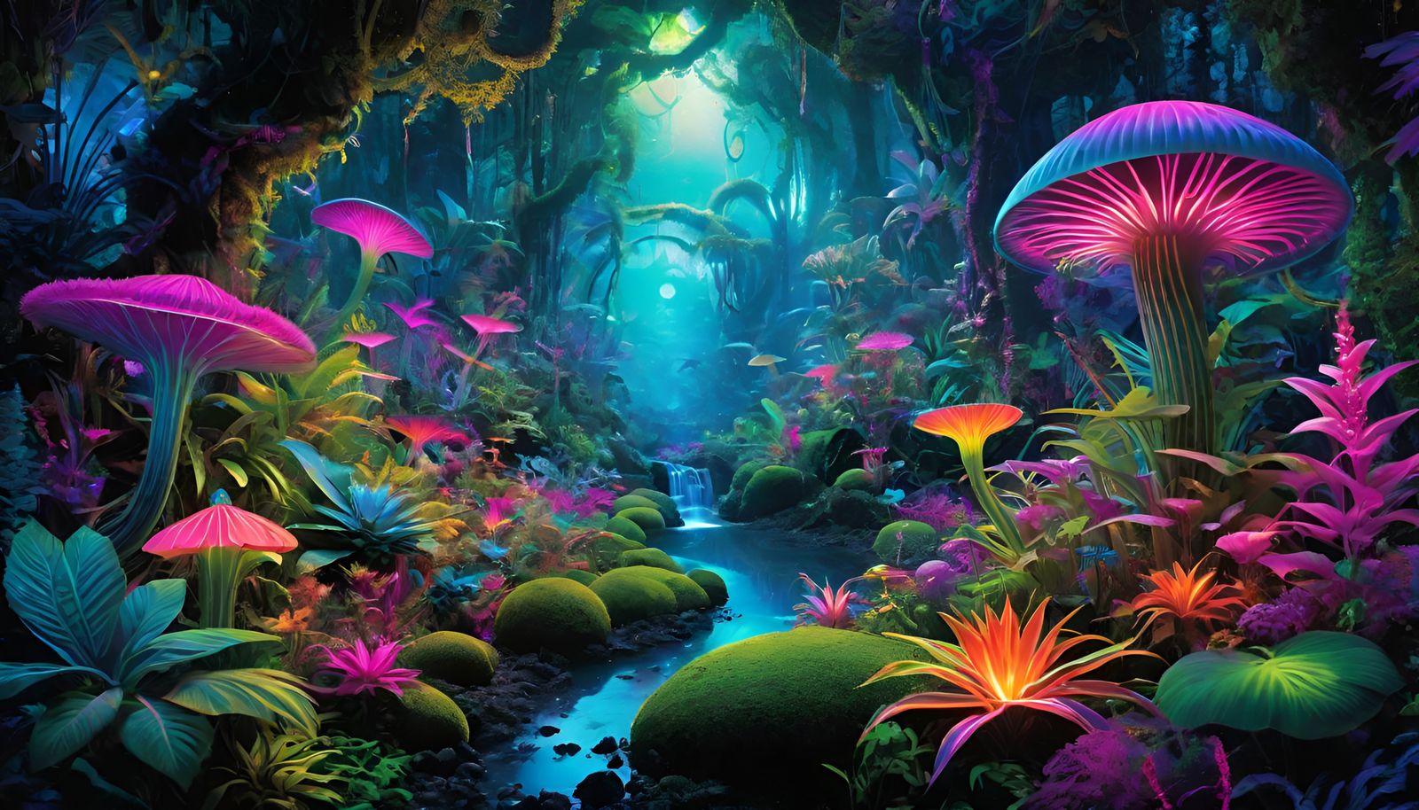 Psychedelic Jungle Wonderland with Magical Bioluminescent Pl...