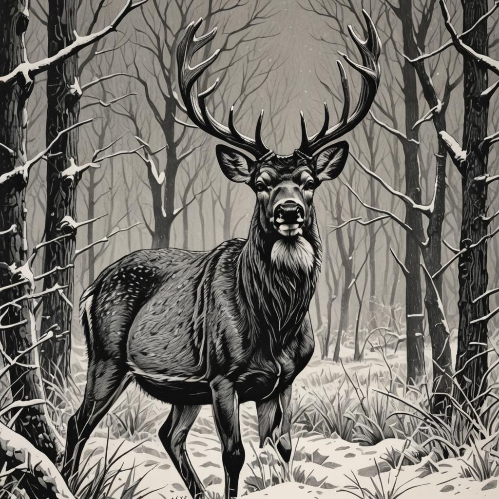 Detailed Charcoal Deer Linocut Print in Winter