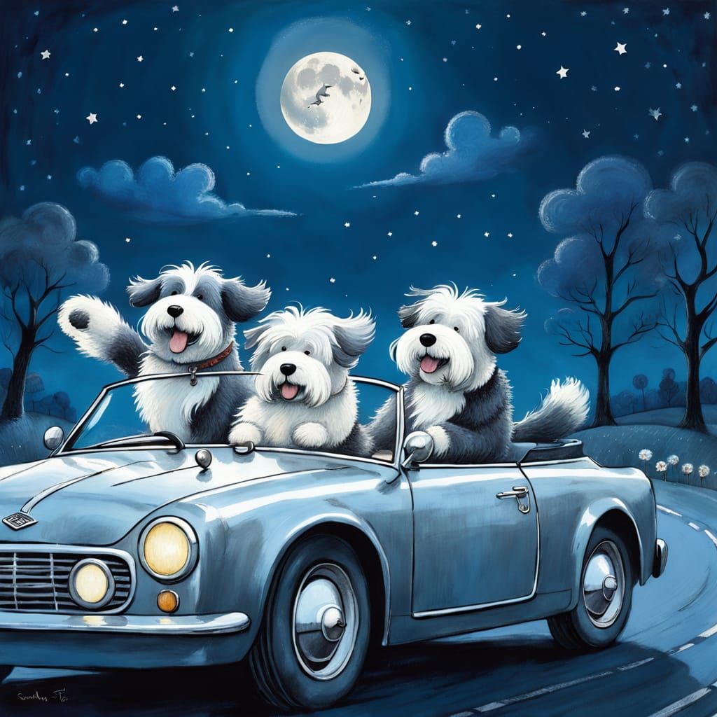 Moonlit Nighttime Adventure with Three Adorable Old English ...