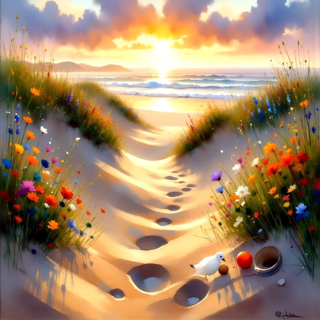 Surreal Sunset Scene Over A Deserted Beach at Low Angle