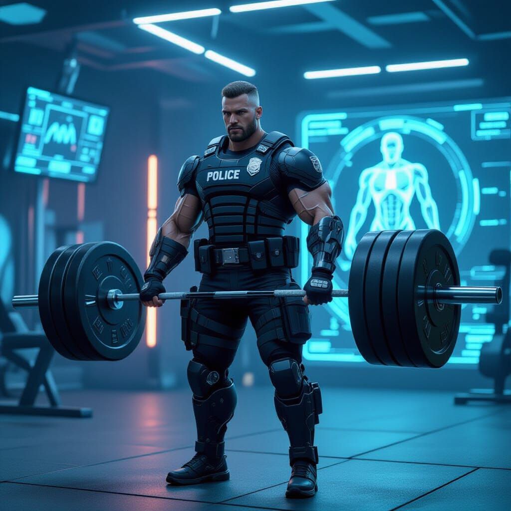 Cyborg Cop Hoisting Barbell in Futuristic Gym