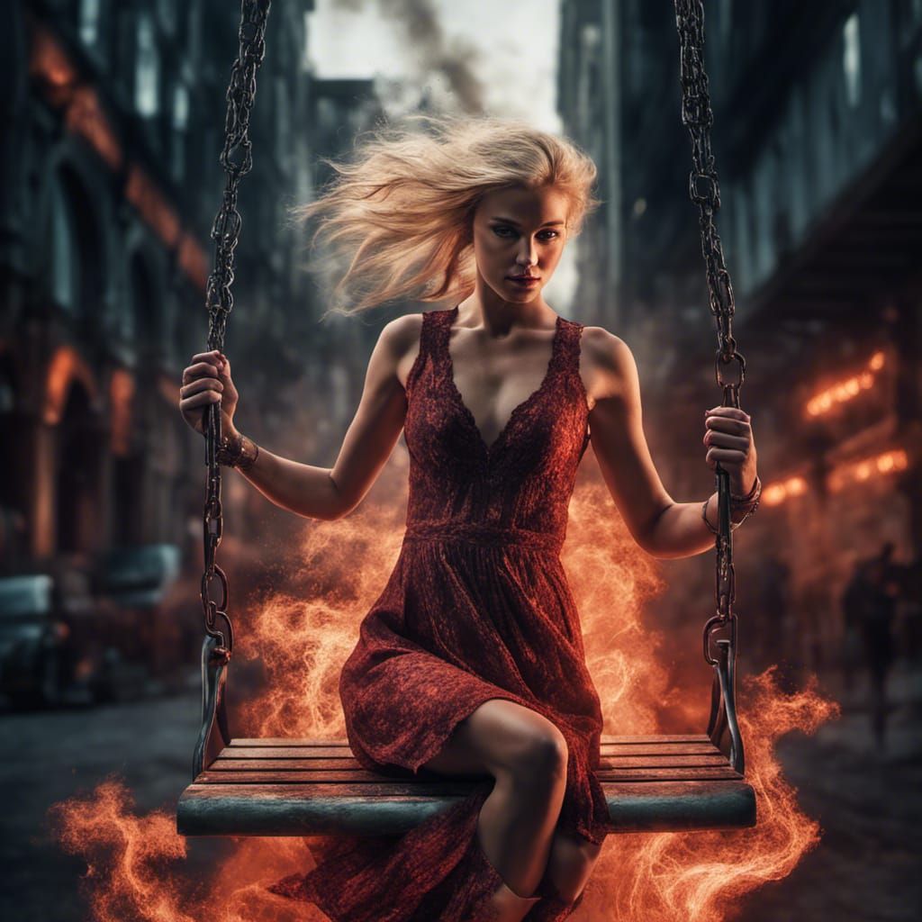 Futuristic Girl on Fire Swing in Urban Setting