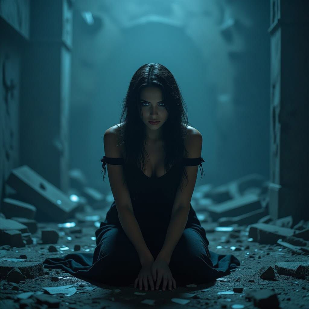 Distraught Woman in Shattered Room, Surreal Art