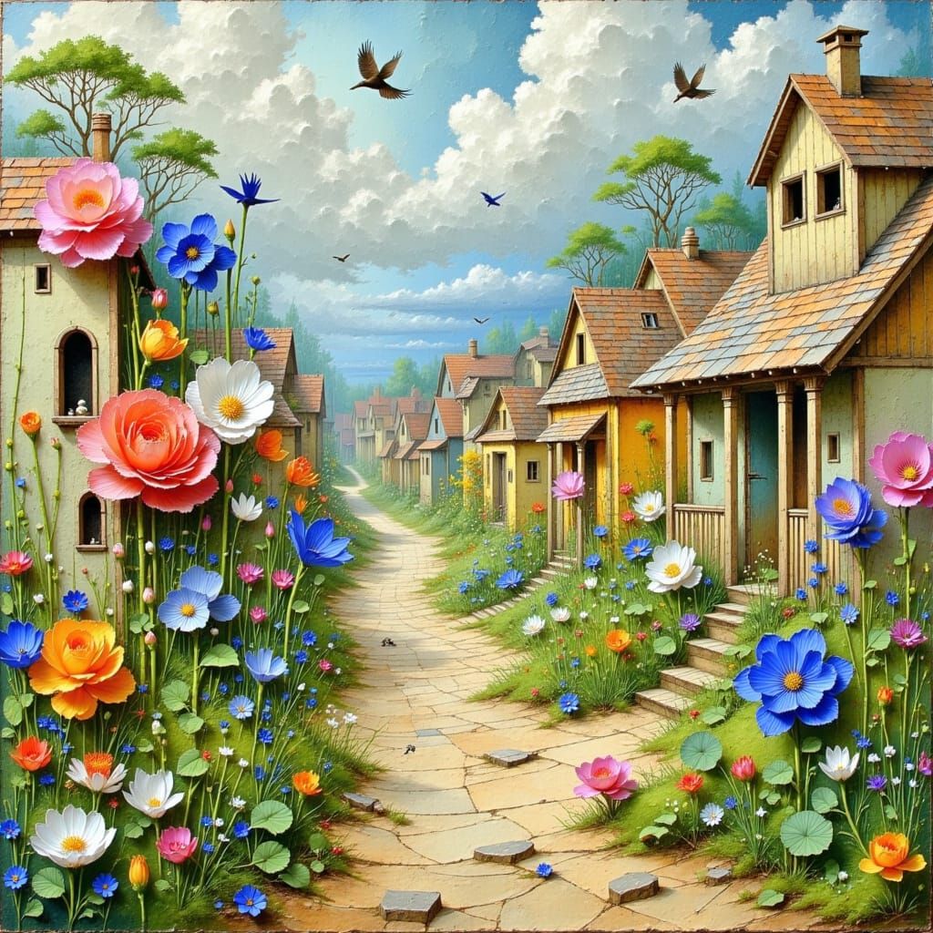 Whimsical Dreamlike Garden with Miniature Houses and Birds