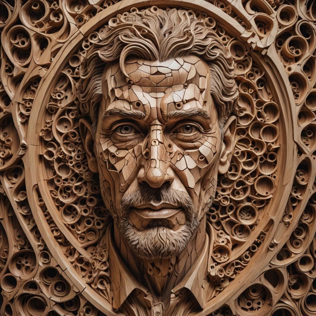Hyperrealistic Woodcarving Portrait with Molecular Structure