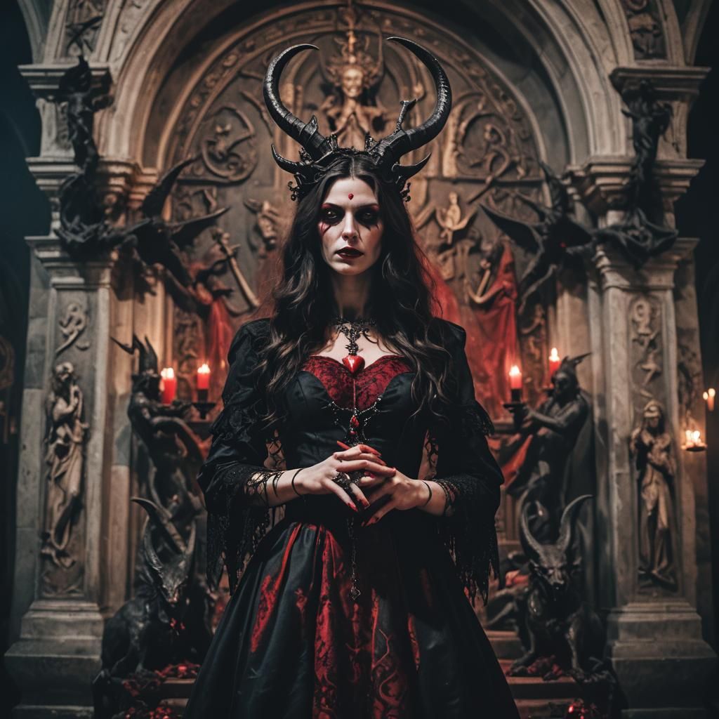 Gothic Witch with Bleeding Heart in Cursed Church