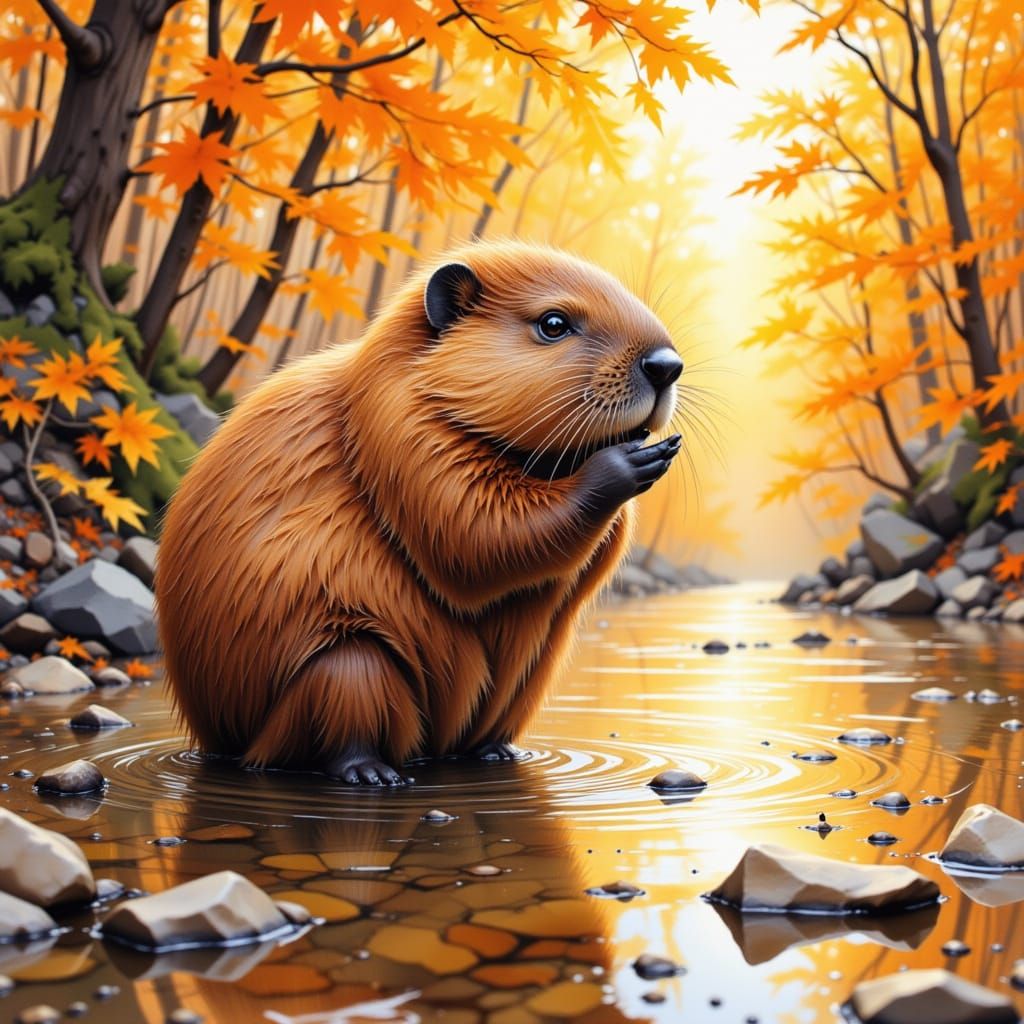 Vibrant Beaver in Gouache Watercolor Impressionist Style