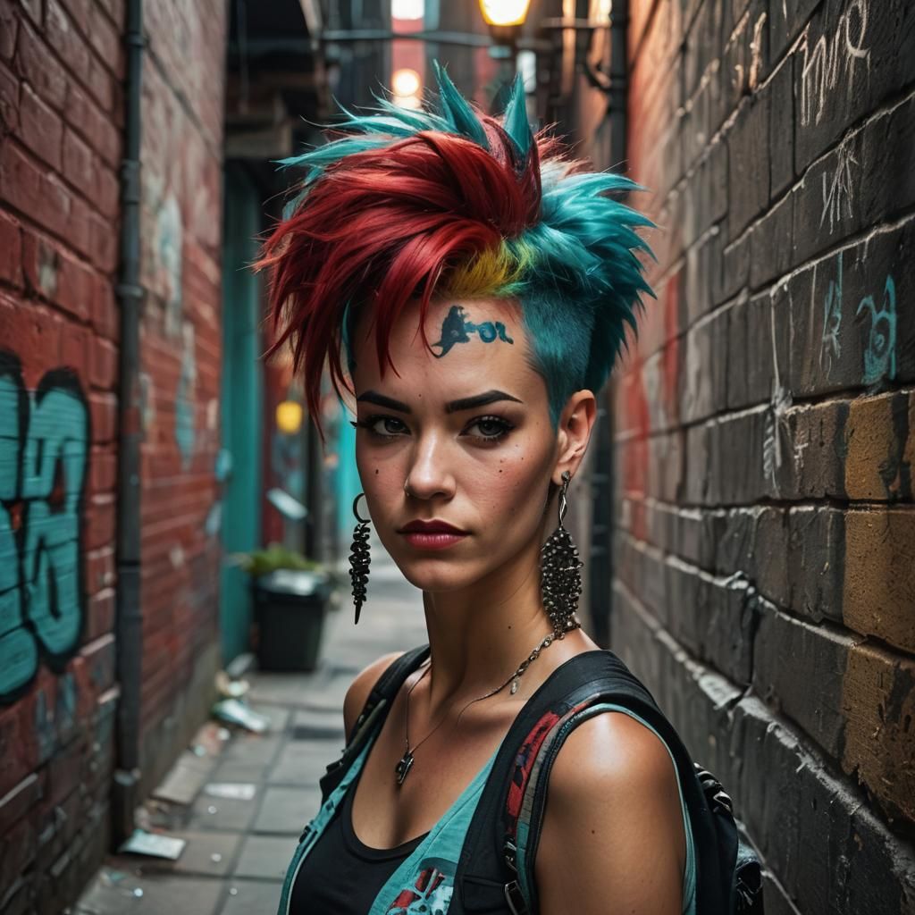 Urban Woman with Spiked Hair in Graffiti Alley