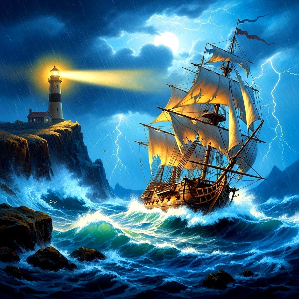 Galleon Guided by Lighthouse in Romantic Style