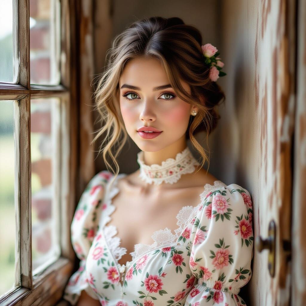 Un romántico retrato desenfocado de una joven con un vestido...