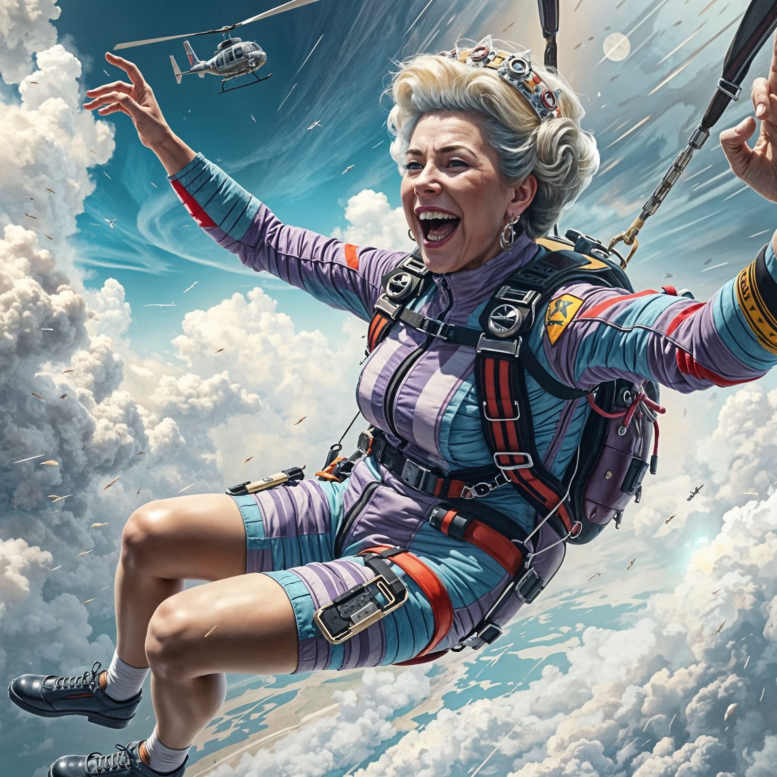 Queen Elizabeth Skydiving: Hyperrealistic Digital Art