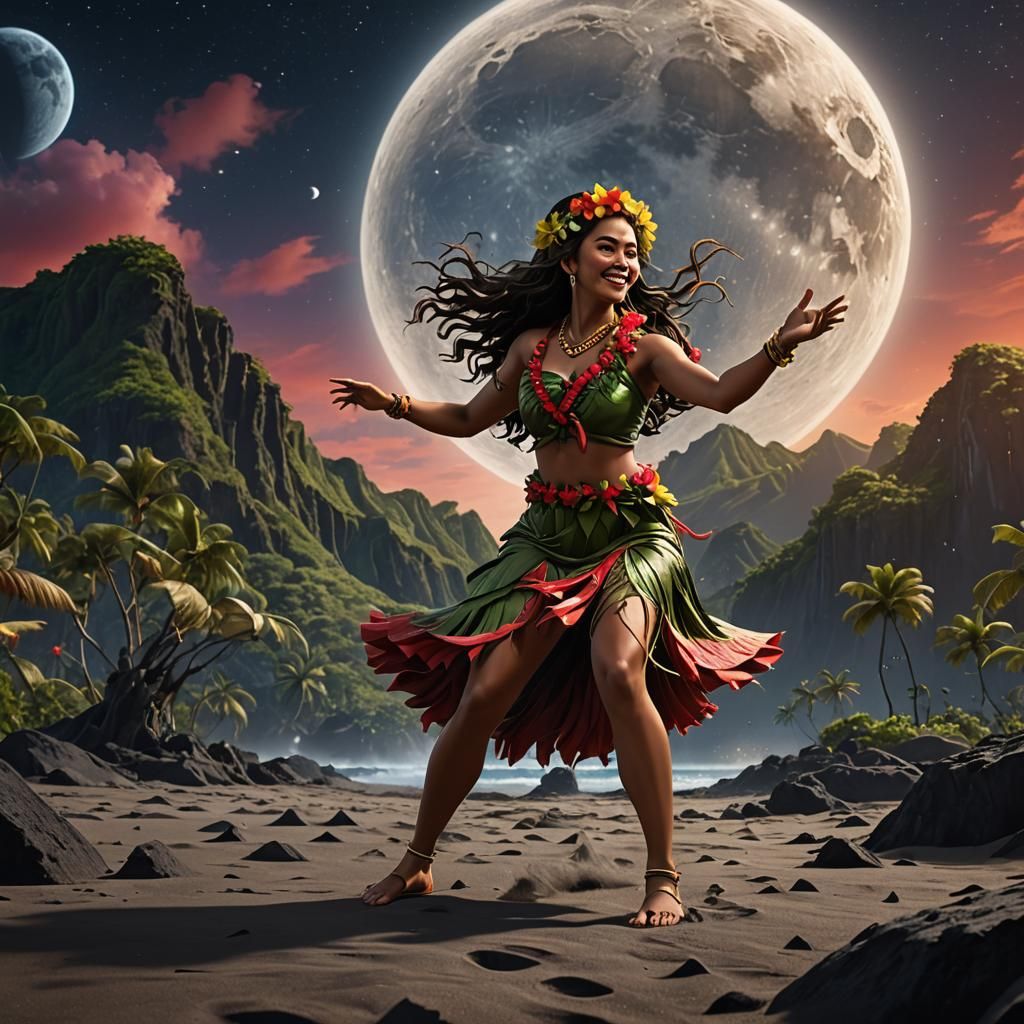 Hawaiian Hula Dancer on the Moon, Detailed Matte Painting