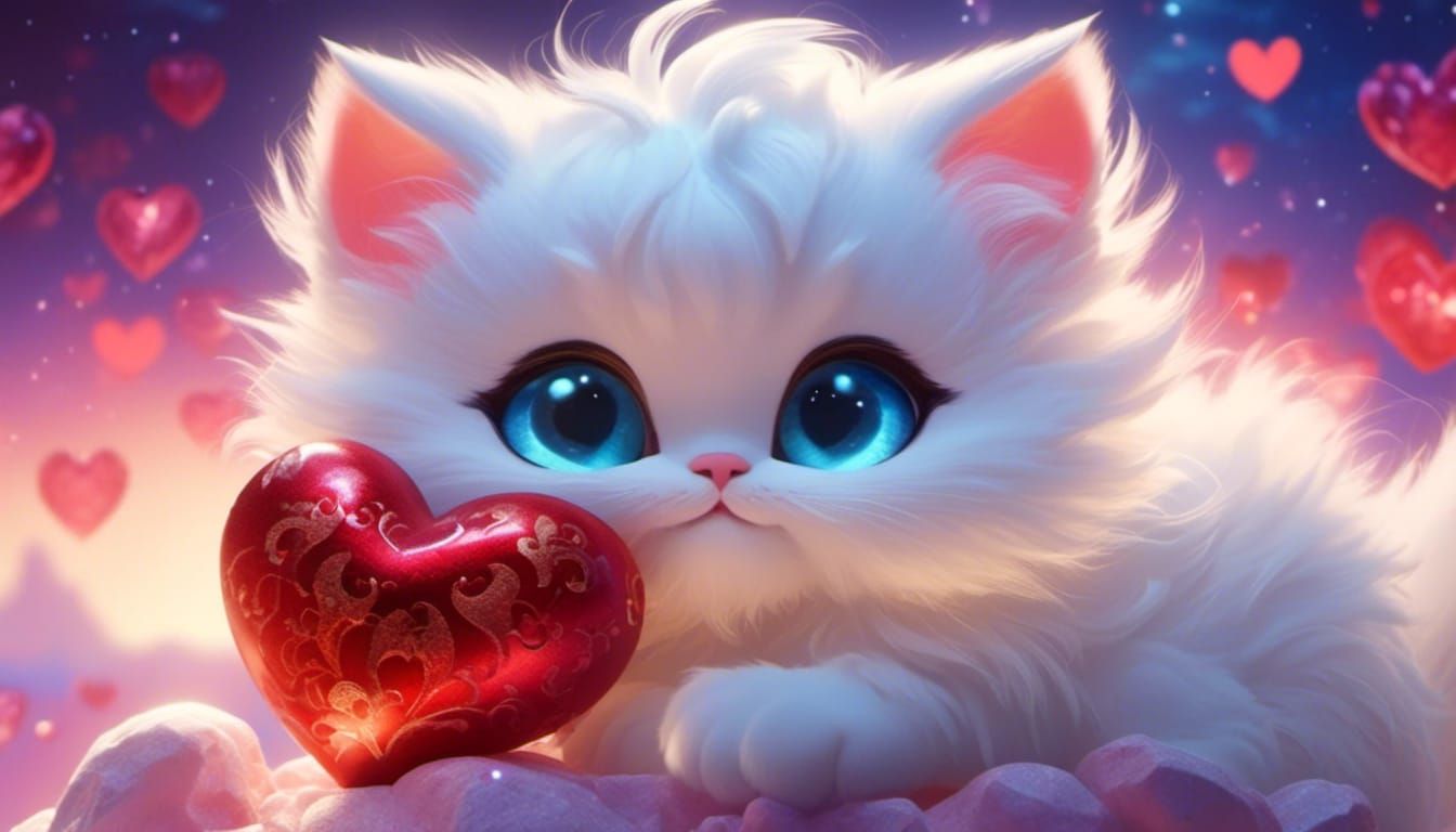 Fluffy Kitten with Valentine Heart in Fantasy Lights