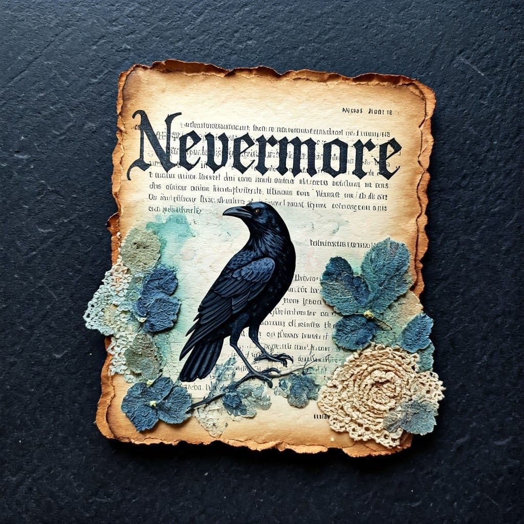 Watercolor Raven with "Nevermore" on Antique Page