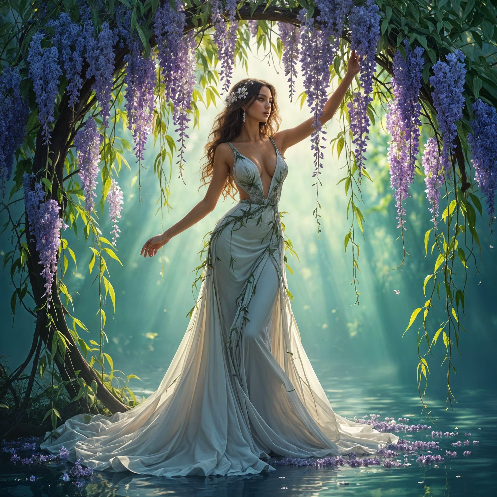 Elegant Model in Willow Branch and Wisteria Gown