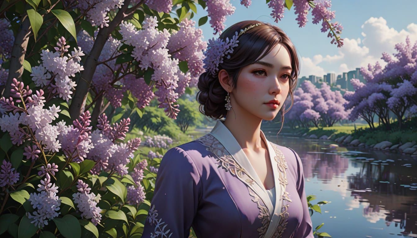 Modern Anime-Inspired Goddess Surrounded by Lilac Blooms