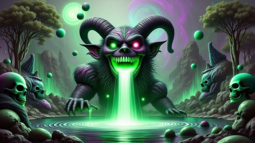 Toxic Demon Fountain in Surrealist Dreamscape Style
