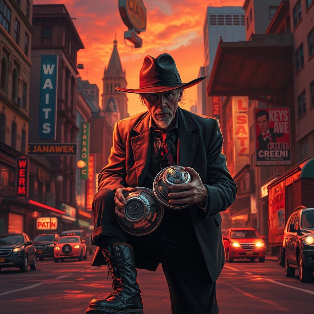 Hyperrealistic Tom Waits Stealing Hubcaps at Dusk