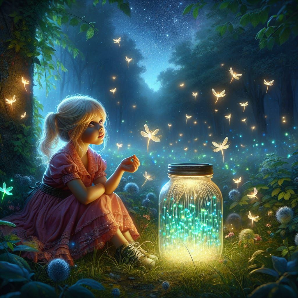 Girl with Fireflies in Magical Forest, Oil Painting
