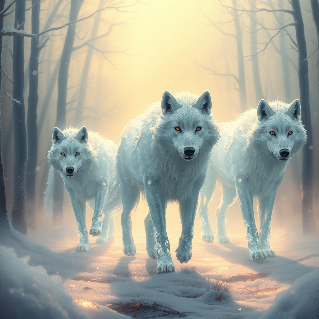 Icy Wolves Emerge from Mystical Forest