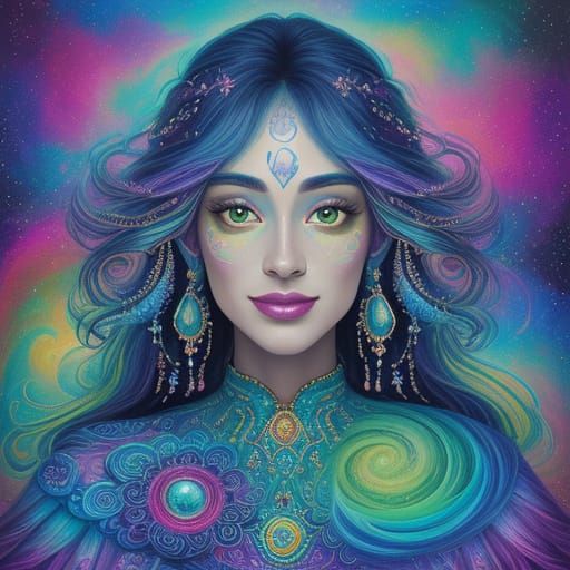 Happy Woman in Ethereal Cosmic Illustration