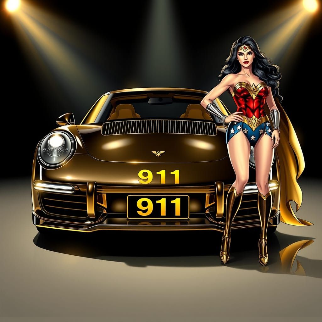 Luxurious Golden Porsche 911 with Wonder Woman in Art Deco C...