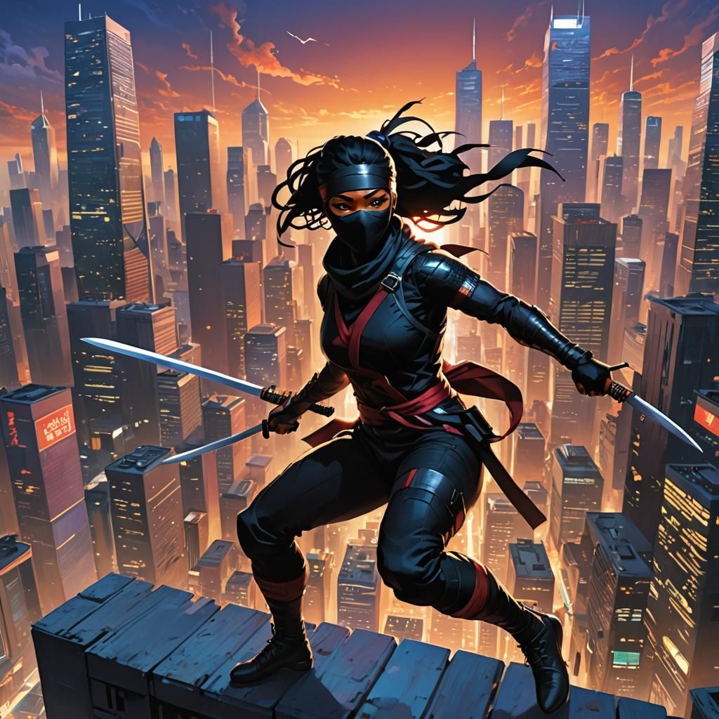 Ninja Confronts Superhero in a Cyberpunk Cityscape