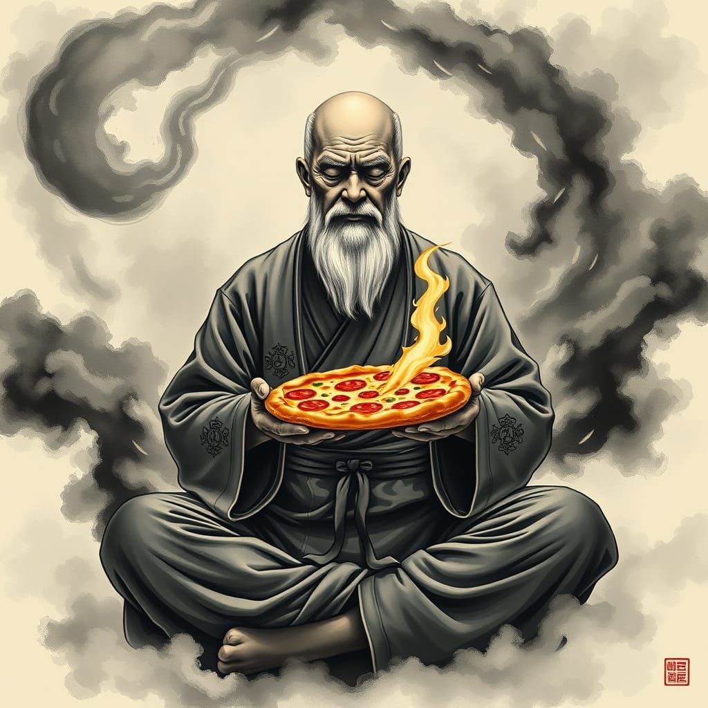 Wise Master Meditating with Pizza in Ink Wash Style
