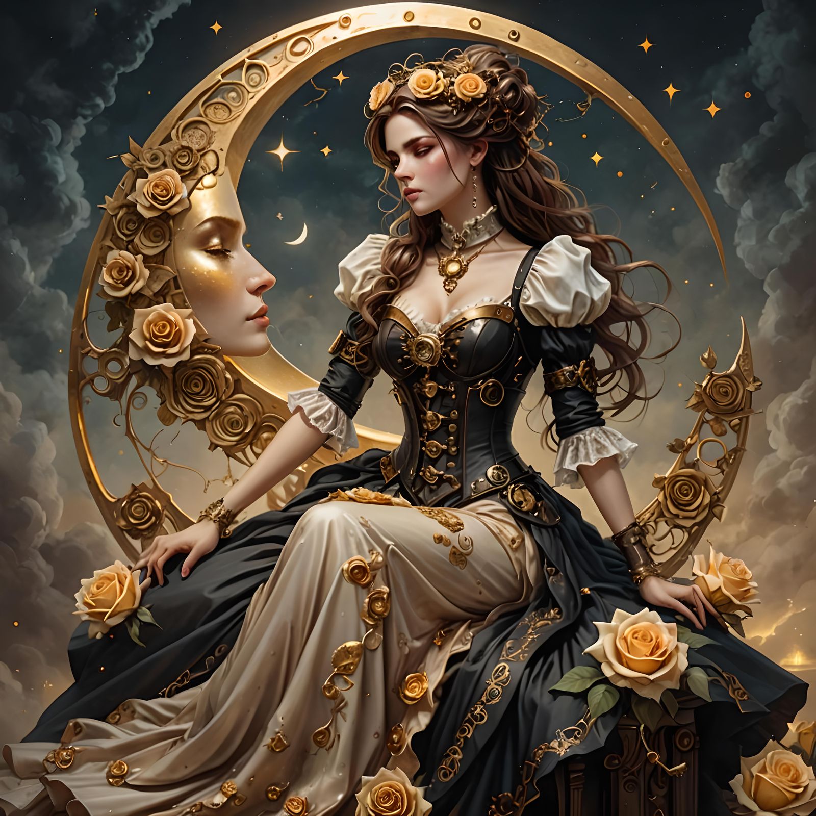 Steampunk Woman on Moon with Roses