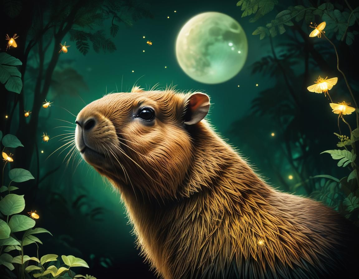 Capybara Portrait in Bioluminescent Rainforest