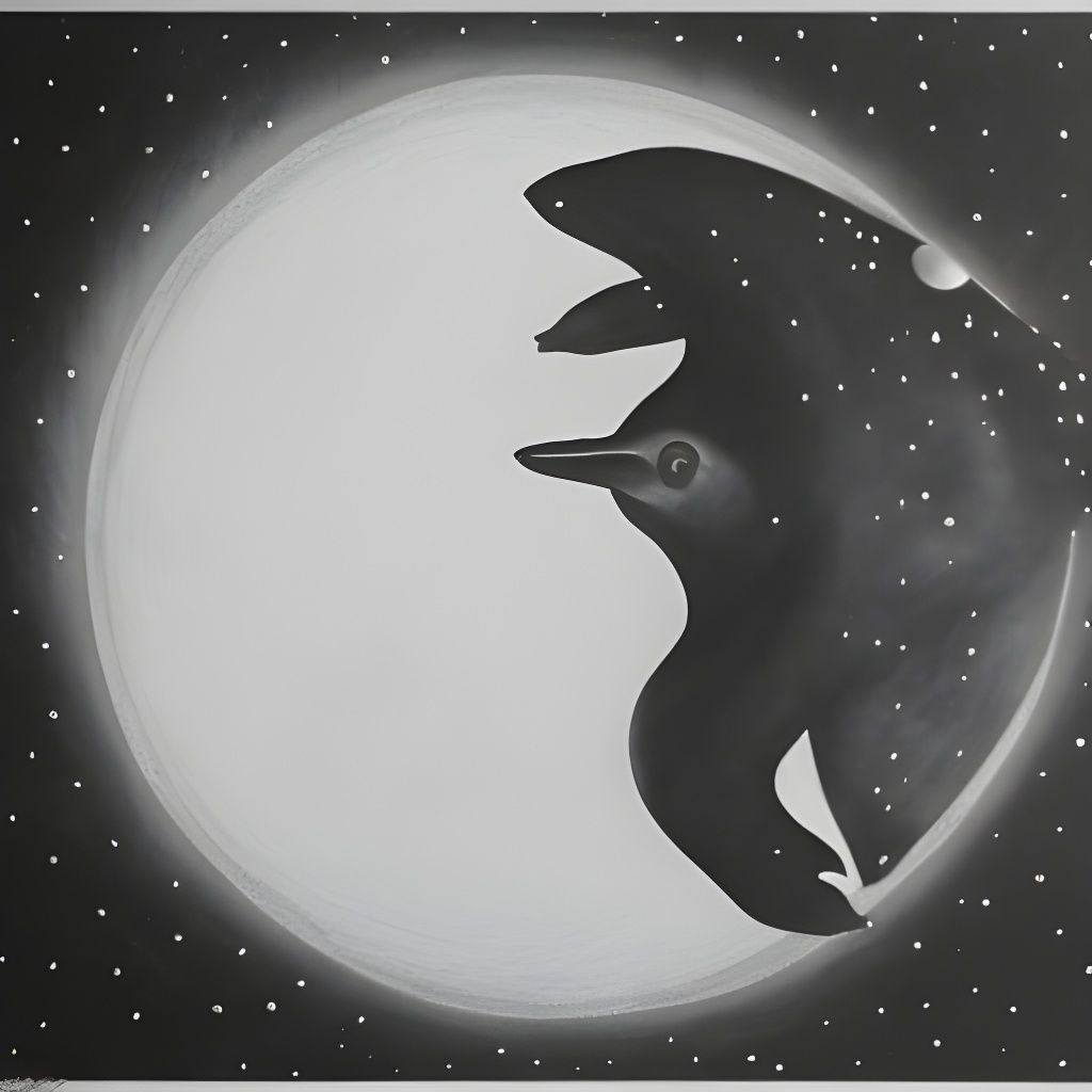 Noir et blanc. Nuit. Une baleine nage dans l’océan.  Au dess...