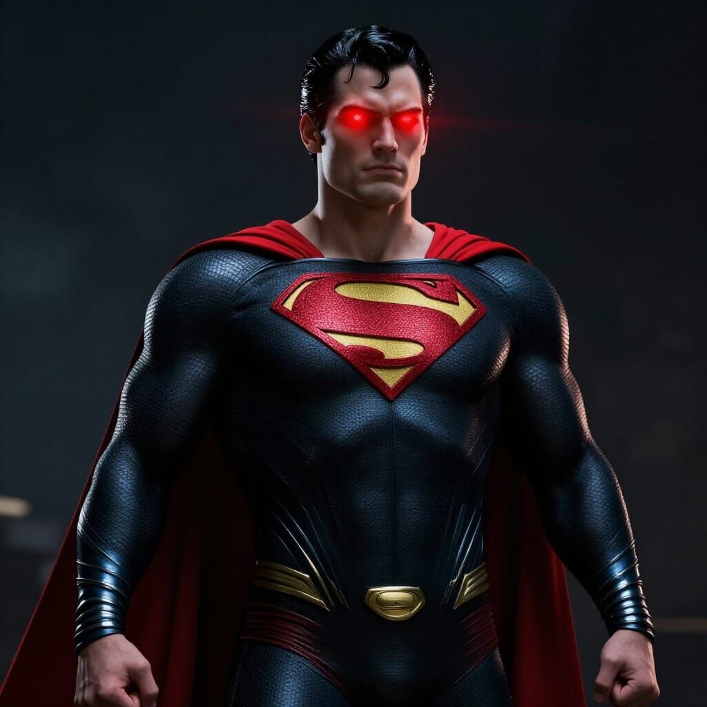 Superman in Black Suit with Glowing Red Eyes